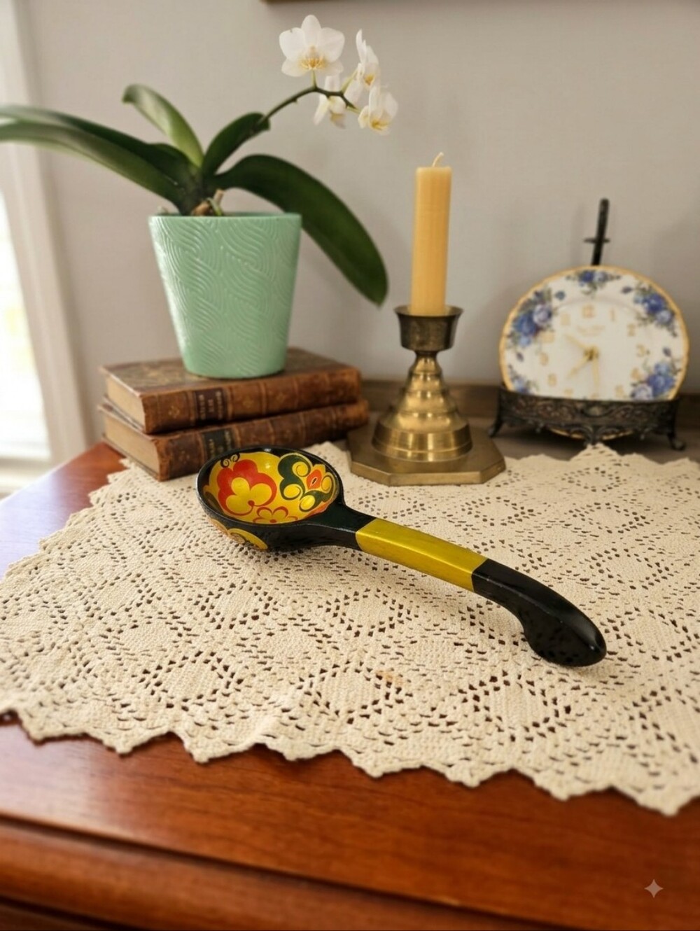 Vintage Khokhloma Hand-Painted Wooden Ladle | Russian Folk Art Floral Spoon